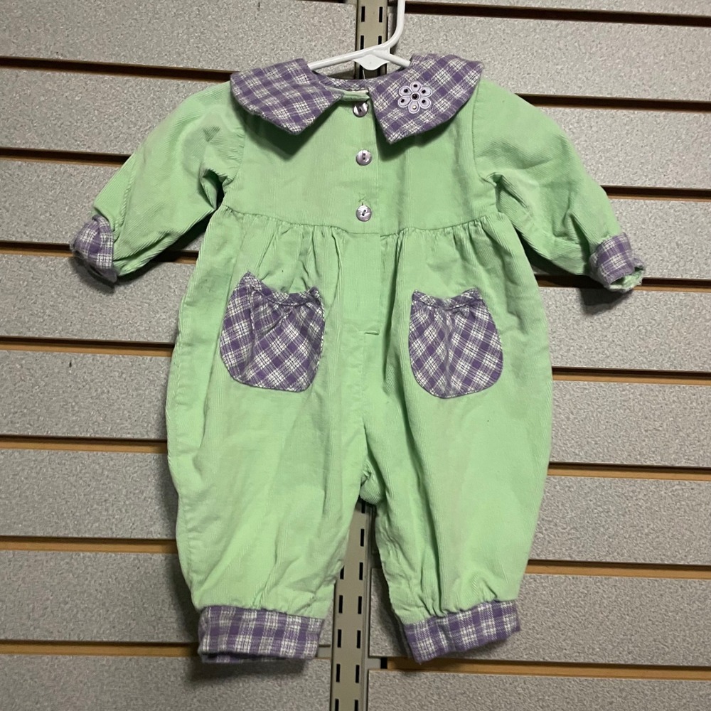 VTG LN Chicken Noodle Baby Girl Green Corduroy Plaid Romper Jumper Size 6M
